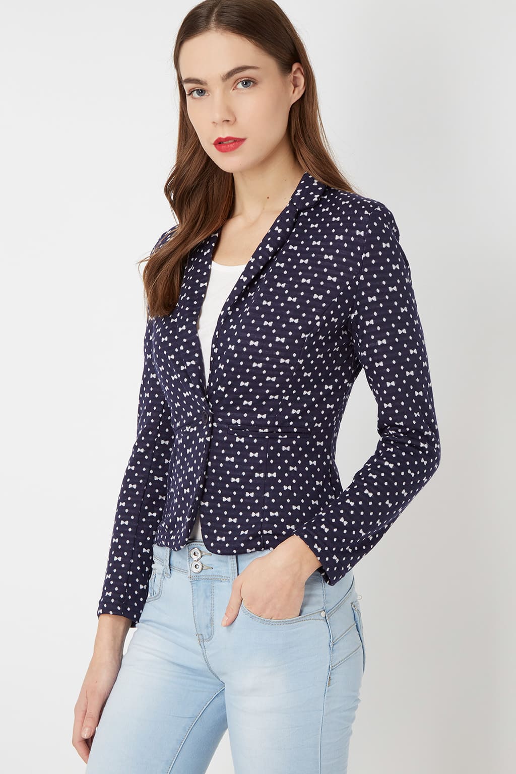 Blazer mujer, chaqueta entallada, americana lunares, manga larga, tela ligera, estilo elegante y moderno, ideal trabajo, oficina, polka dots, color azul marino, talla L, look versátil y fresco ✅Entrega 24/48h