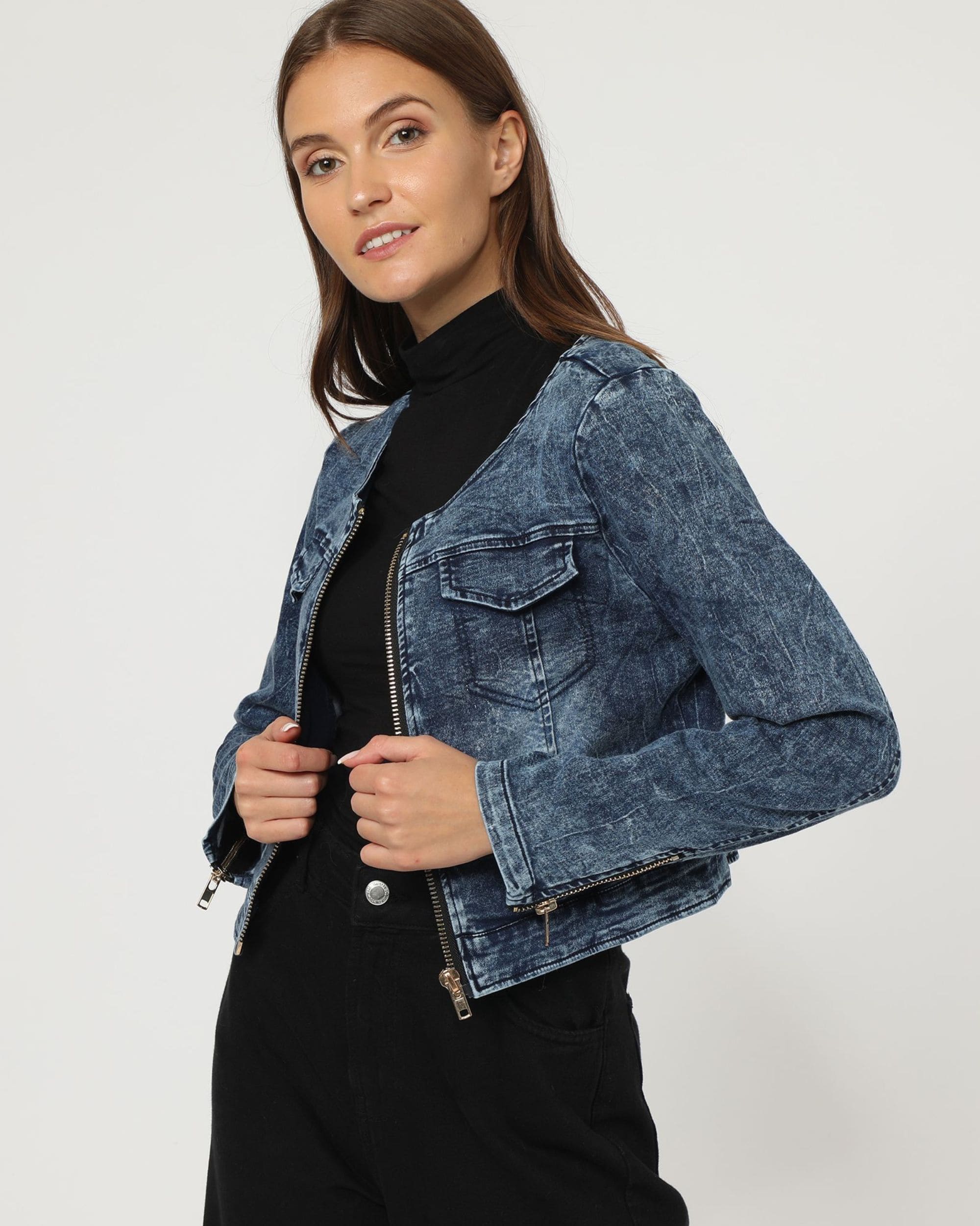 Chaqueta mujer denim washed out, cazadora vaquera corta algodón, cierre cremallera, manga larga, puños ajustados, cuello redondo, azul, talla 36, cómoda y versátil ✅Entrega 24/48h