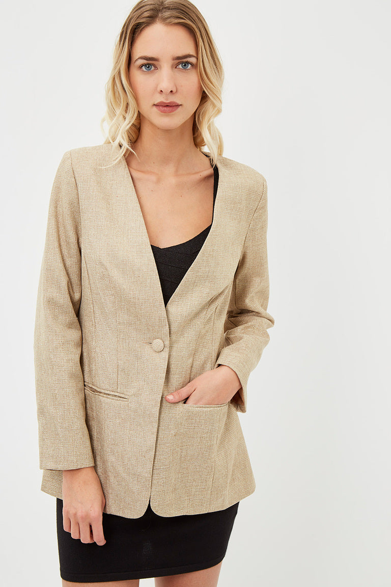 Chaqueta blazer mujer, americana formal, textura elegante, cuello redondo, escote pico, manga larga, bolsillos delanteros, cierre con abalorio, forro interior, talla 36, beige, versátil y cómoda ✅Entrega 24/48h