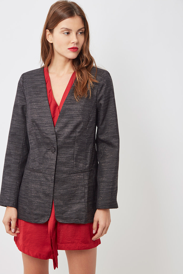 Blazer mujer chaqueta americana elegante estructura clásica textura sutil tejido ligero moda oficina fiestas urbano negro talla 36 look versátil sofisticado cómodo ✅Entrega 24/48h