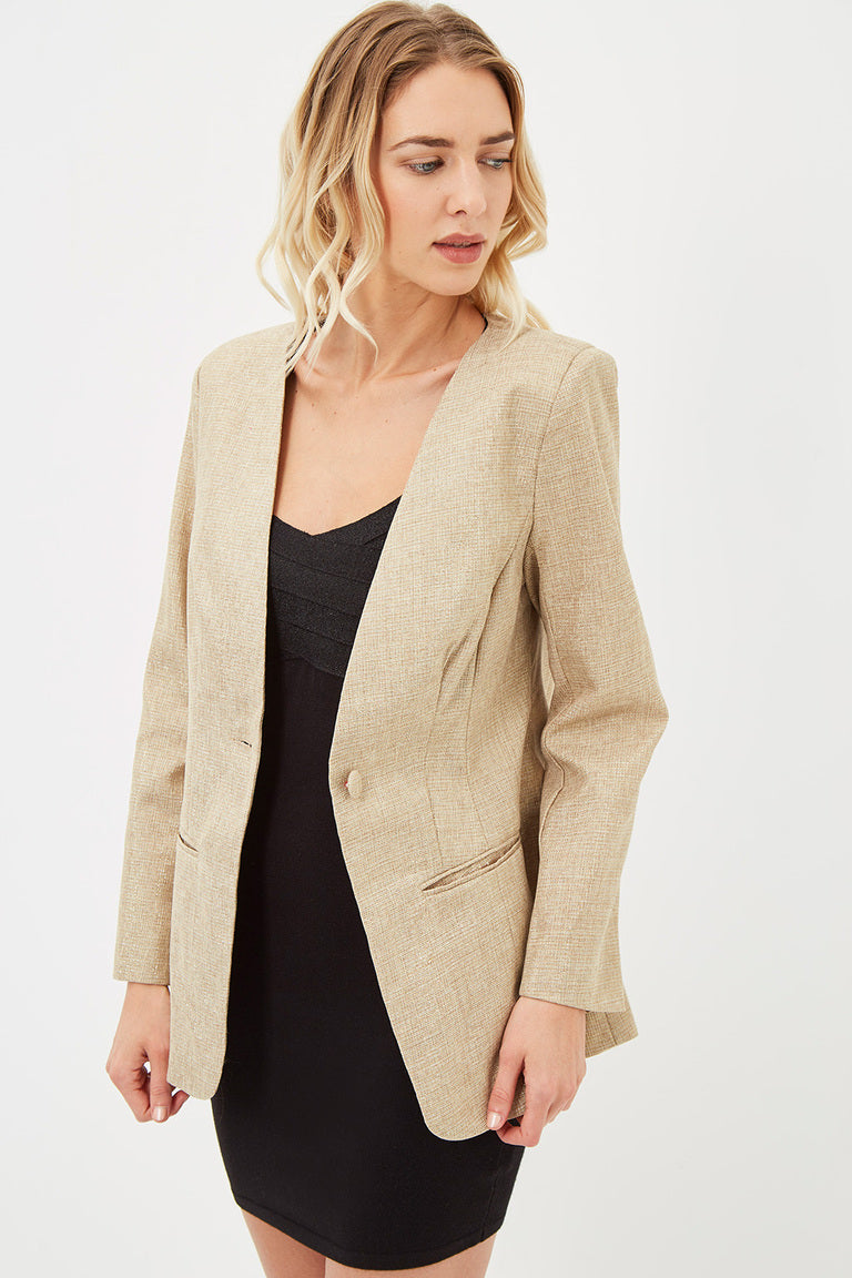 Chaqueta blazer mujer, americana formal, textura elegante, cuello redondo, escote pico, manga larga, bolsillos delanteros, cierre con abalorio, forro interior, talla 36, beige, versátil y cómoda ✅Entrega 24/48h
