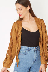 Chaqueta corta mujer flecos nobuk poliéster, abrigos y chaquetas, manga larga, bolsillos cremallera, estilo boho western, color camel, talla 36, look versátil y actual ✅Entrega 24/48h