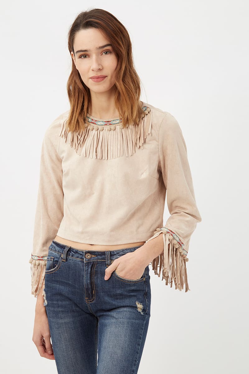 Top mujer ante efecto piel flecos bordados crop corto cierre cremallera look boho chic beige, talla 36, cómodo, original, ideal outfits casuales o festivales ✅Entrega 24/48h