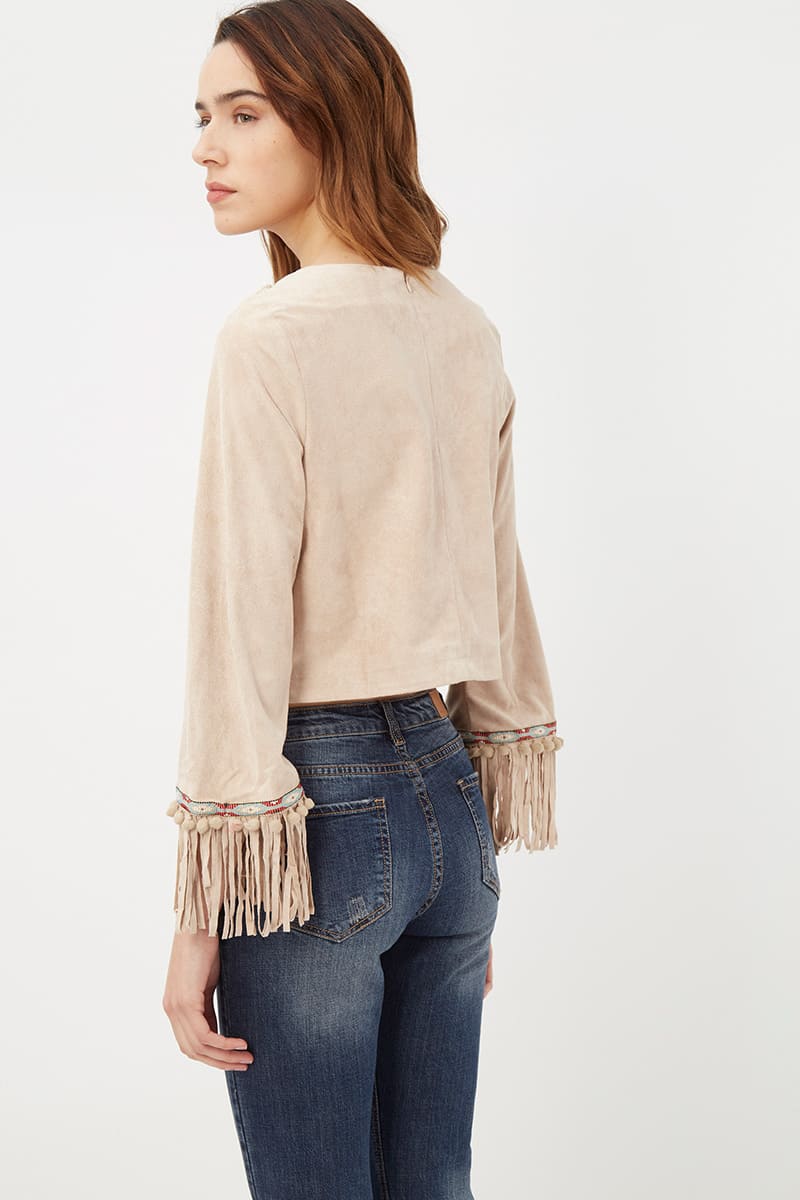 Top mujer ante efecto piel flecos bordados crop corto cierre cremallera look boho chic beige, talla 36, cómodo, original, ideal outfits casuales o festivales ✅Entrega 24/48h