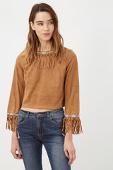 Top mujer ante sintético flecos bordados tendencia boho chic cierre cremallera trasera diseño crop cómodo estilos primavera verano color camel talla 36 ✅Entrega 24/48h