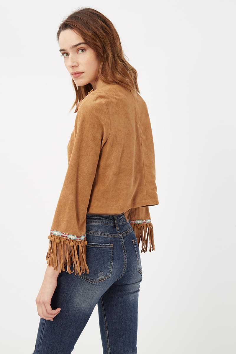 Top mujer ante sintético flecos bordados tendencia boho chic cierre cremallera trasera diseño crop cómodo estilos primavera verano color camel talla 36 ✅Entrega 24/48h