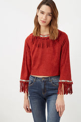 Blusa mujer bohemia roja, top flecos, manga tres cuartos, corte crop, tejido suave, estilo casual urbano, acabado cómodo y original, talla 36, outfit versátil, realza cualquier look ✅Entrega 24/48h