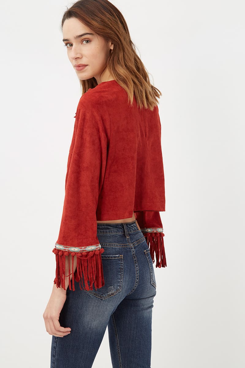 Blusa mujer bohemia roja, top flecos, manga tres cuartos, corte crop, tejido suave, estilo casual urbano, acabado cómodo y original, talla 36, outfit versátil, realza cualquier look ✅Entrega 24/48h