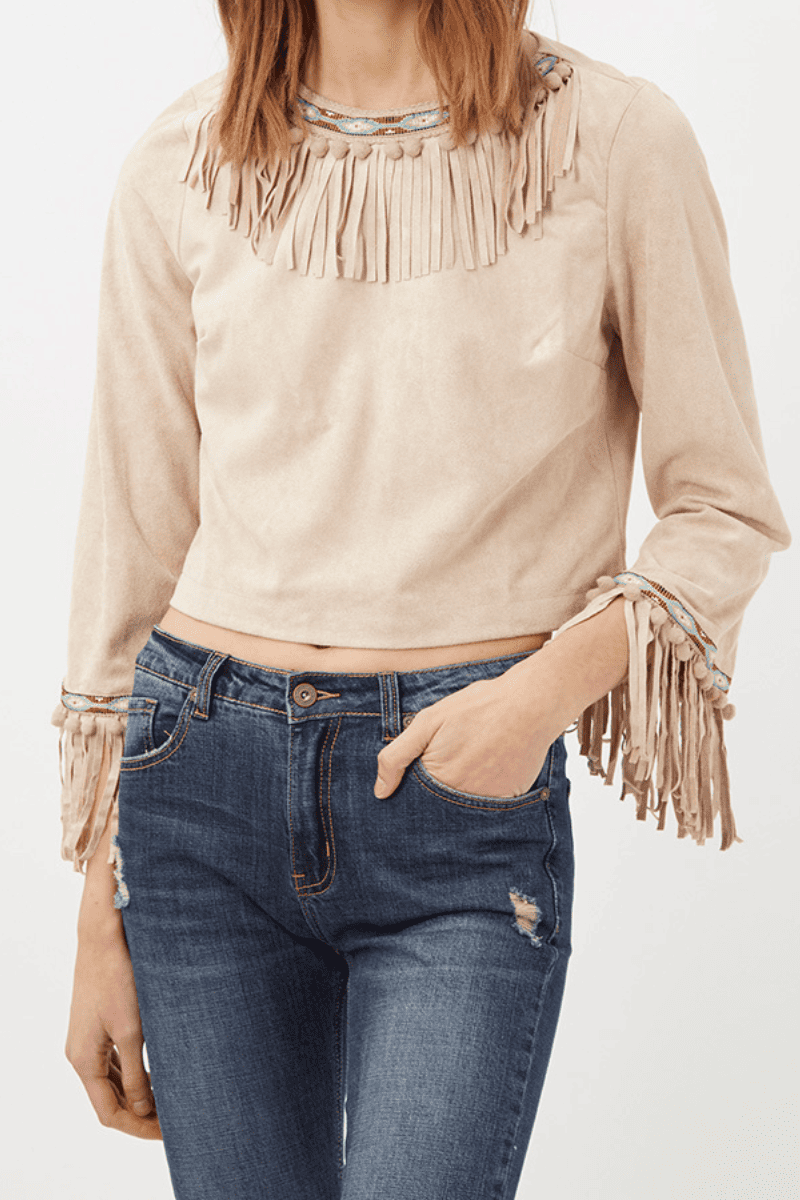 Top mujer ante efecto piel flecos bordados crop corto cierre cremallera look boho chic beige, talla 36, cómodo, original, ideal outfits casuales o festivales ✅Entrega 24/48h