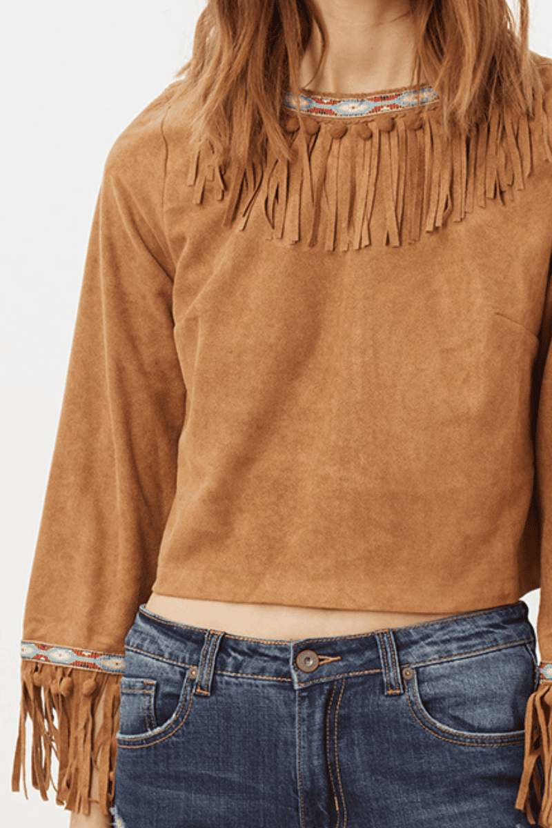 Top mujer ante sintético flecos bordados tendencia boho chic cierre cremallera trasera diseño crop cómodo estilos primavera verano color camel talla 36 ✅Entrega 24/48h