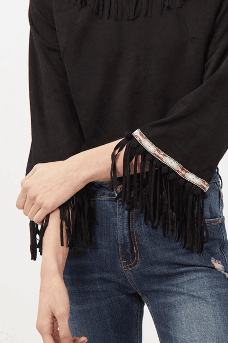 Blusa crop top mujer efecto ante, diseño corto flecos, ribetes bordados, cierre cremallera trasera, cómoda, elegante, tendencia boho, talla 36, negro, ideal para looks casuales y eventos informales, ✅Entrega 24/48h