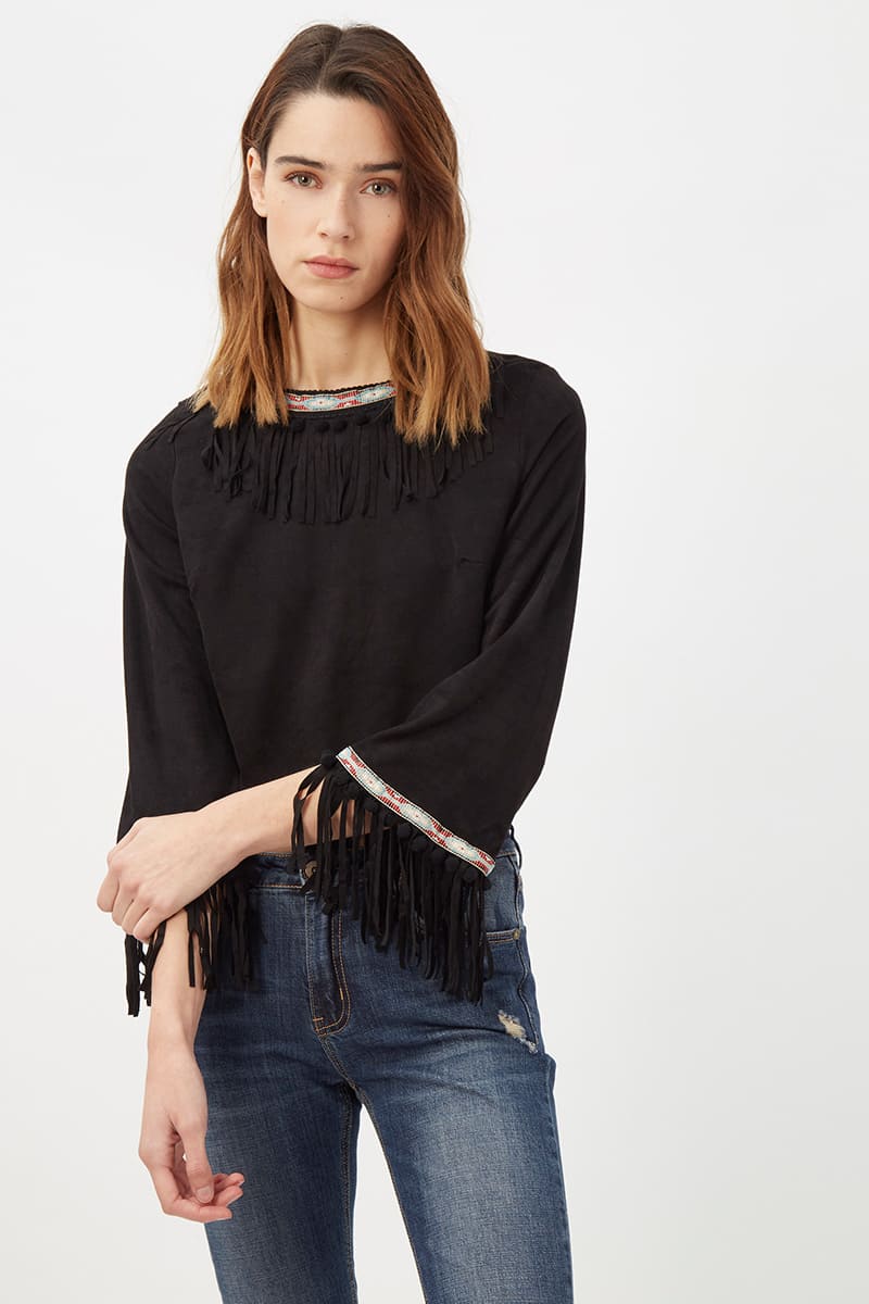 Blusa crop top mujer efecto ante, diseño corto flecos, ribetes bordados, cierre cremallera trasera, cómoda, elegante, tendencia boho, talla 36, negro, ideal para looks casuales y eventos informales, ✅Entrega 24/48h