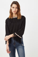 Blusa crop top mujer efecto ante, diseño corto flecos, ribetes bordados, cierre cremallera trasera, cómoda, elegante, tendencia boho, talla 36, negro, ideal para looks casuales y eventos informales, ✅Entrega 24/48h