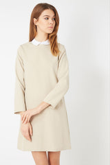 Vestido recto mujer, dress, outfit, diseño raya fina, cuello Peter Pan, manga larga, estilo elegante casual, cierre cremallera, color beige, talla 36, tejido cómodo, versátil uso diario oficina✅Entrega 24/48h