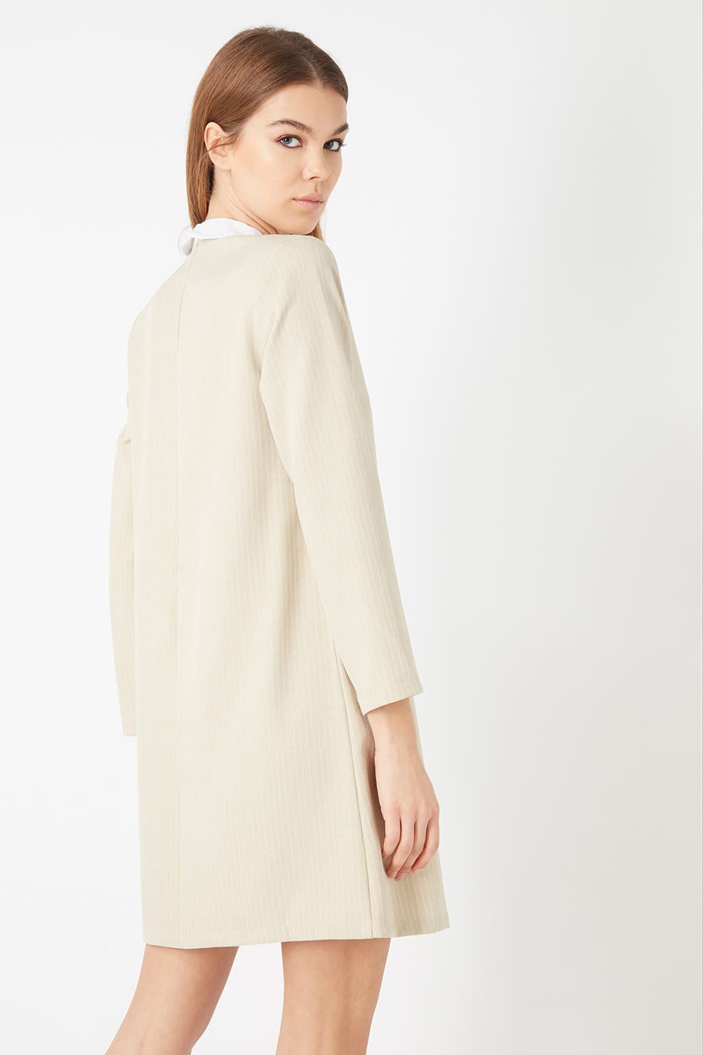 Vestido recto mujer, dress, outfit, diseño raya fina, cuello Peter Pan, manga larga, estilo elegante casual, cierre cremallera, color beige, talla 36, tejido cómodo, versátil uso diario oficina✅Entrega 24/48h