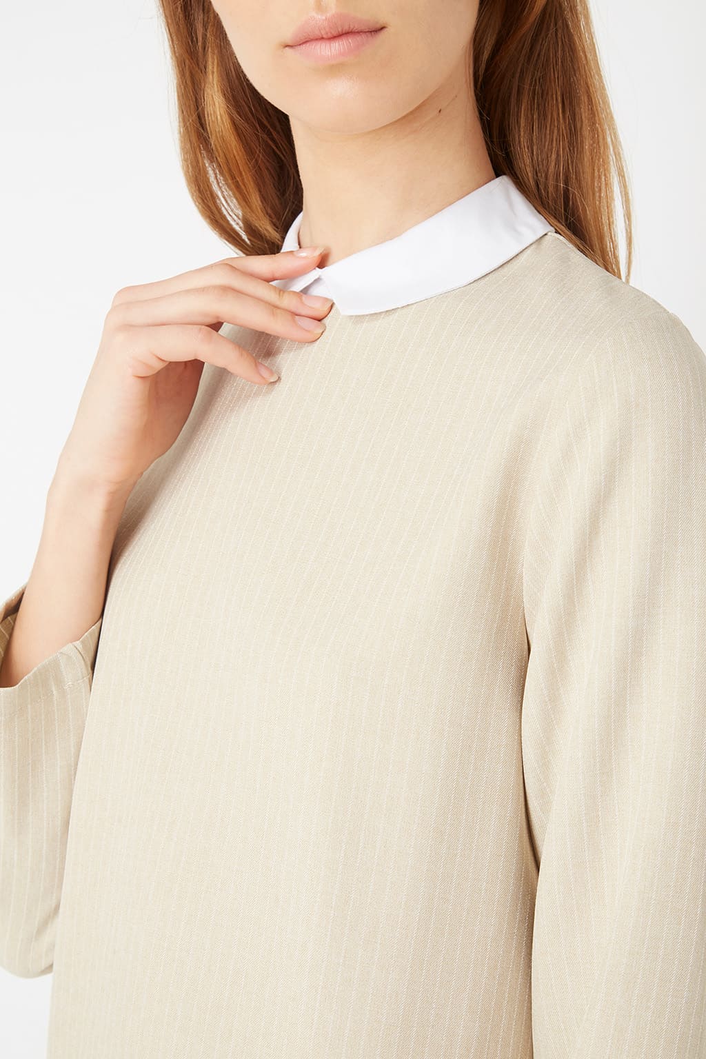 Vestido recto mujer, dress, outfit, diseño raya fina, cuello Peter Pan, manga larga, estilo elegante casual, cierre cremallera, color beige, talla 36, tejido cómodo, versátil uso diario oficina✅Entrega 24/48h