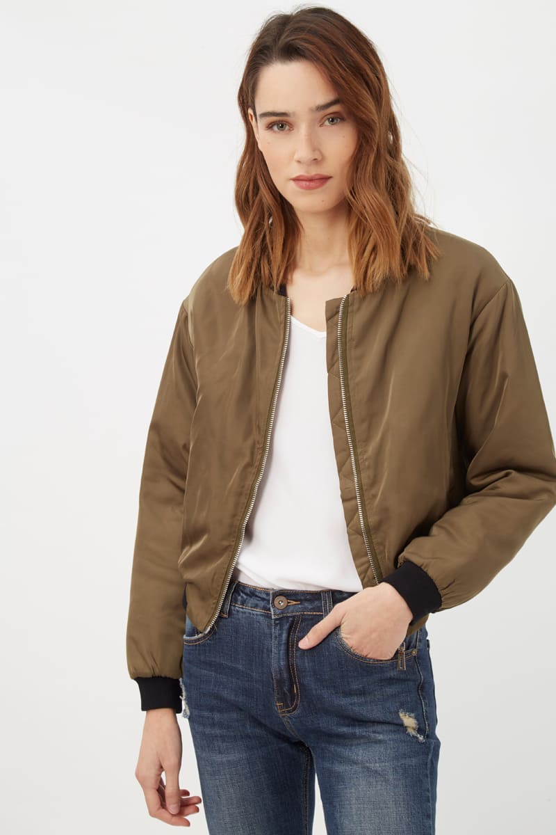 Cazadora satinada mujer bomber abrigo chaqueta manga larga bolsillos cierre cremallera forro acolchado poliéster ligera cómoda estilo casual talla 36 kaki ✅Entrega 24/48h