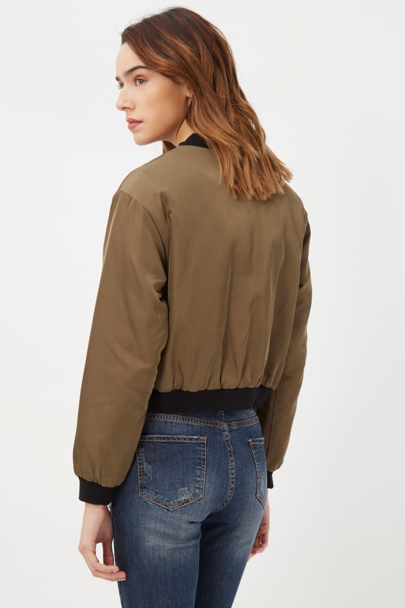 Cazadora satinada mujer bomber abrigo chaqueta manga larga bolsillos cierre cremallera forro acolchado poliéster ligera cómoda estilo casual talla 36 kaki ✅Entrega 24/48h