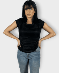 Blusa Canalé Mujer Top Manga Corta Slim Fit Escote Redondo Tela Elástica Suave Casual Look Diario Cómodo Sofisticado Talla 36 Color Negro ✅Entrega 24/48h