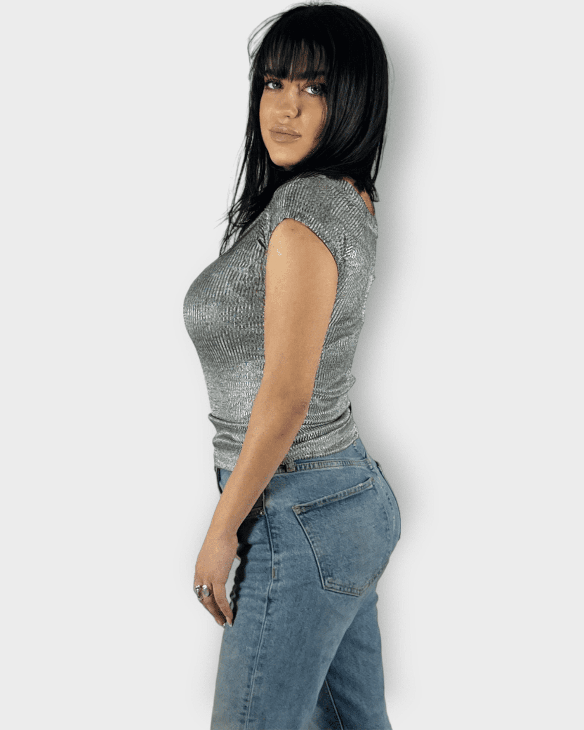 Top mujer canalé metalizado brillante ajustado, escote redondo amplio, manga corta, detalle adorno metálico, bajo recto, ideal look casual o noche, talla 36, plateado brillante femenino ✅Entrega 24/48h