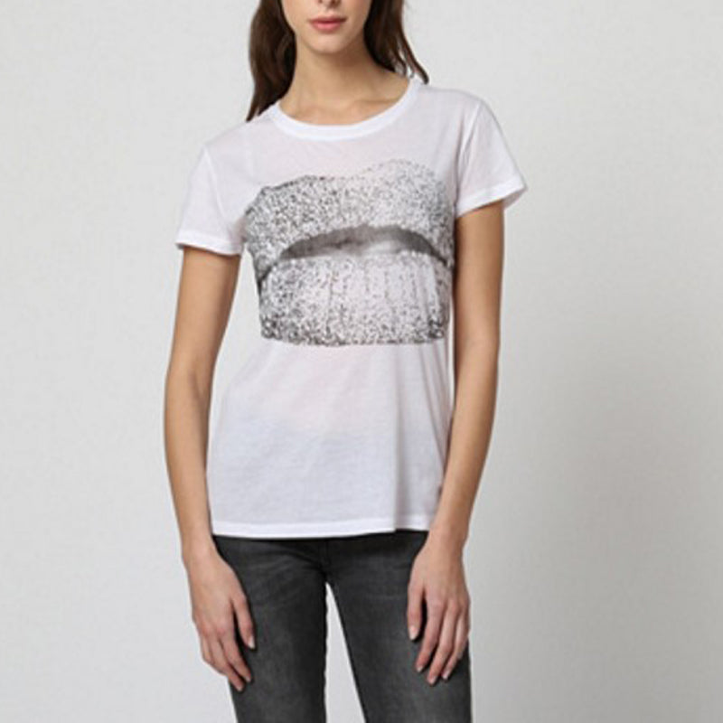 Camiseta mujer, t-shirt, top, diseño labios, modelo Sinty SI-270004, manga corta, cuello redondo, costuras vistas, estilo casual, algodón, color blanco, talla L, cómoda y versátil ✅Entrega 24/48h