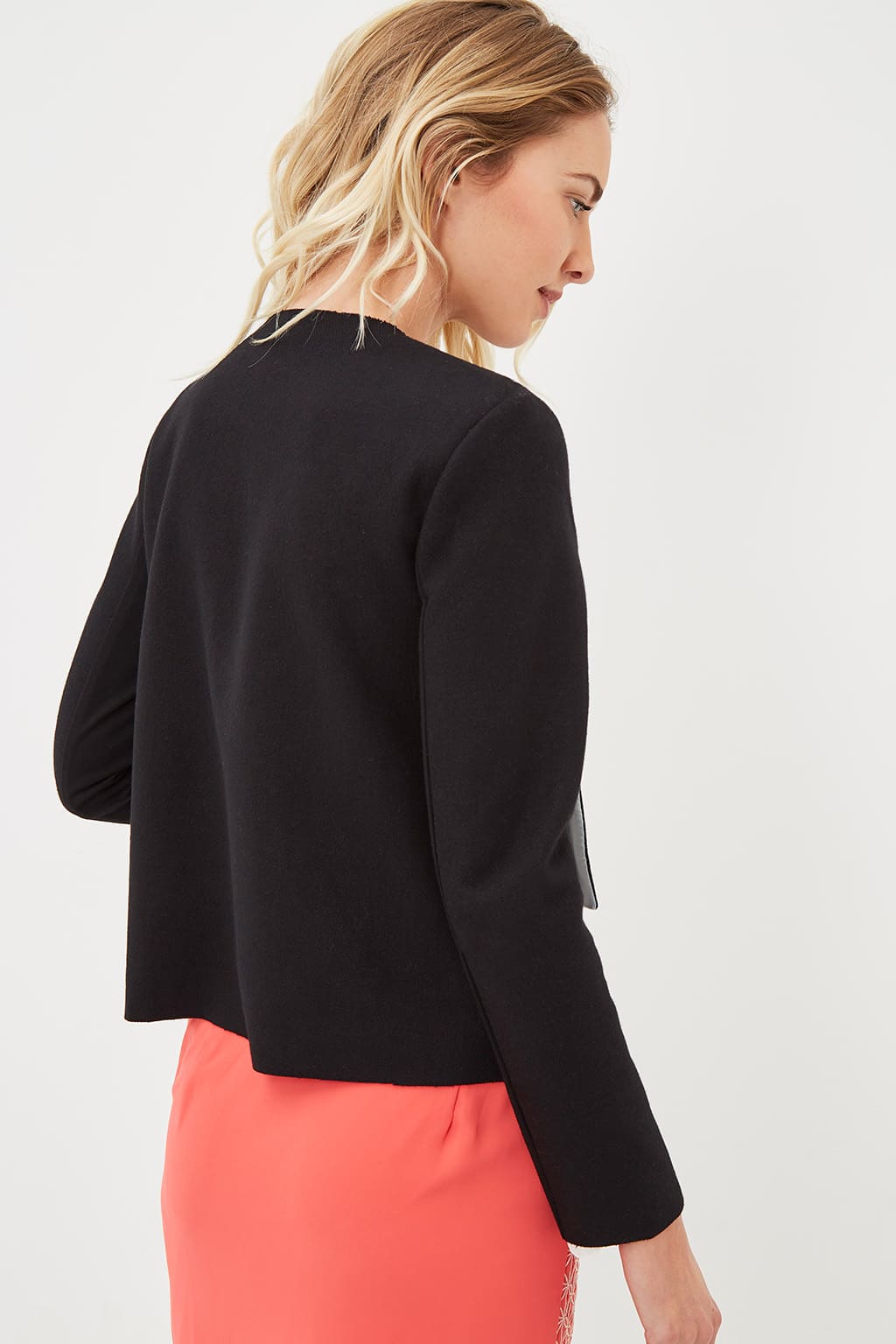 Chaqueta mujer paño sintético blazer recto abrigo corto cuello redondo manga larga bolsillos laterales cierre corchetes talla 36 elegante versátil ligera oficina casual negro ✅Entrega 24/48h