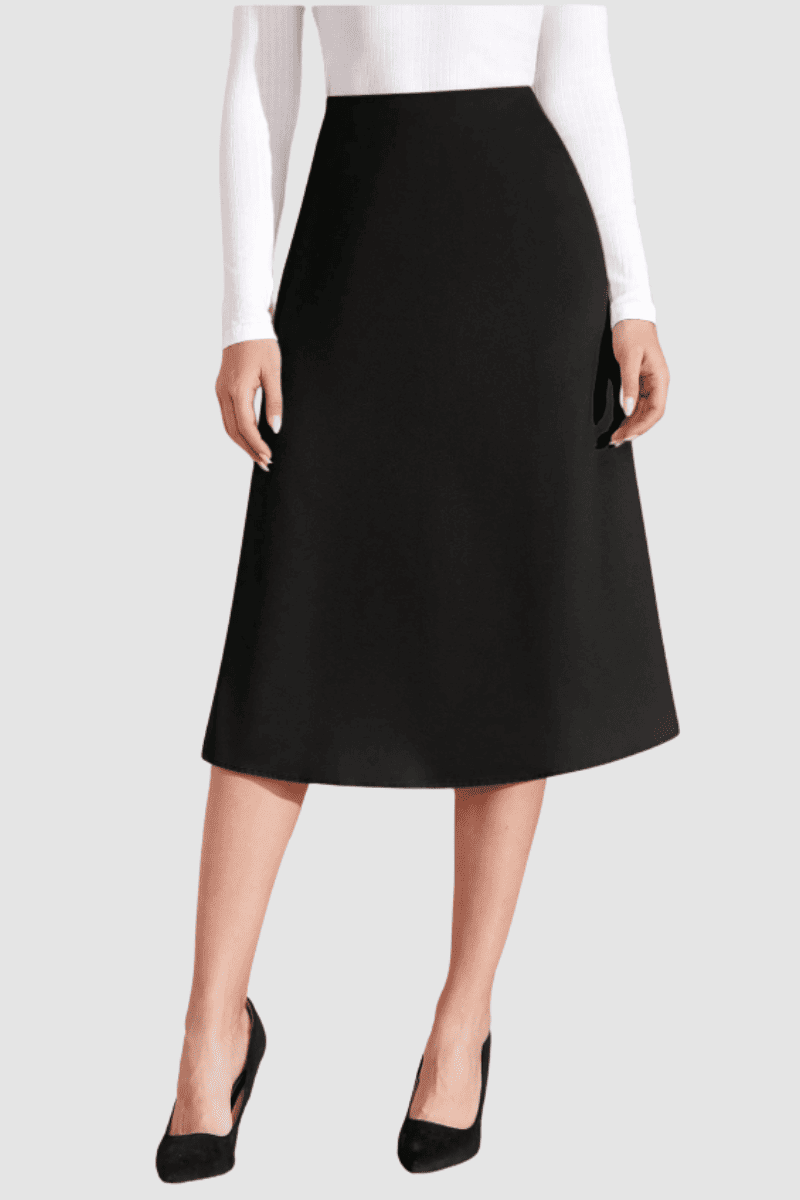 Falda midi mujer, falda clásica, corte evasé, cierre cremallera trasera, estilo elegante, cómoda, versátil, color negro, disponible talla 36, perfecta oficina eventos diario ✅Entrega 24/48h