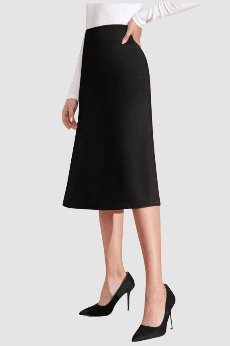 Falda midi mujer, falda clásica, corte evasé, cierre cremallera trasera, estilo elegante, cómoda, versátil, color negro, disponible talla 36, perfecta oficina eventos diario ✅Entrega 24/48h