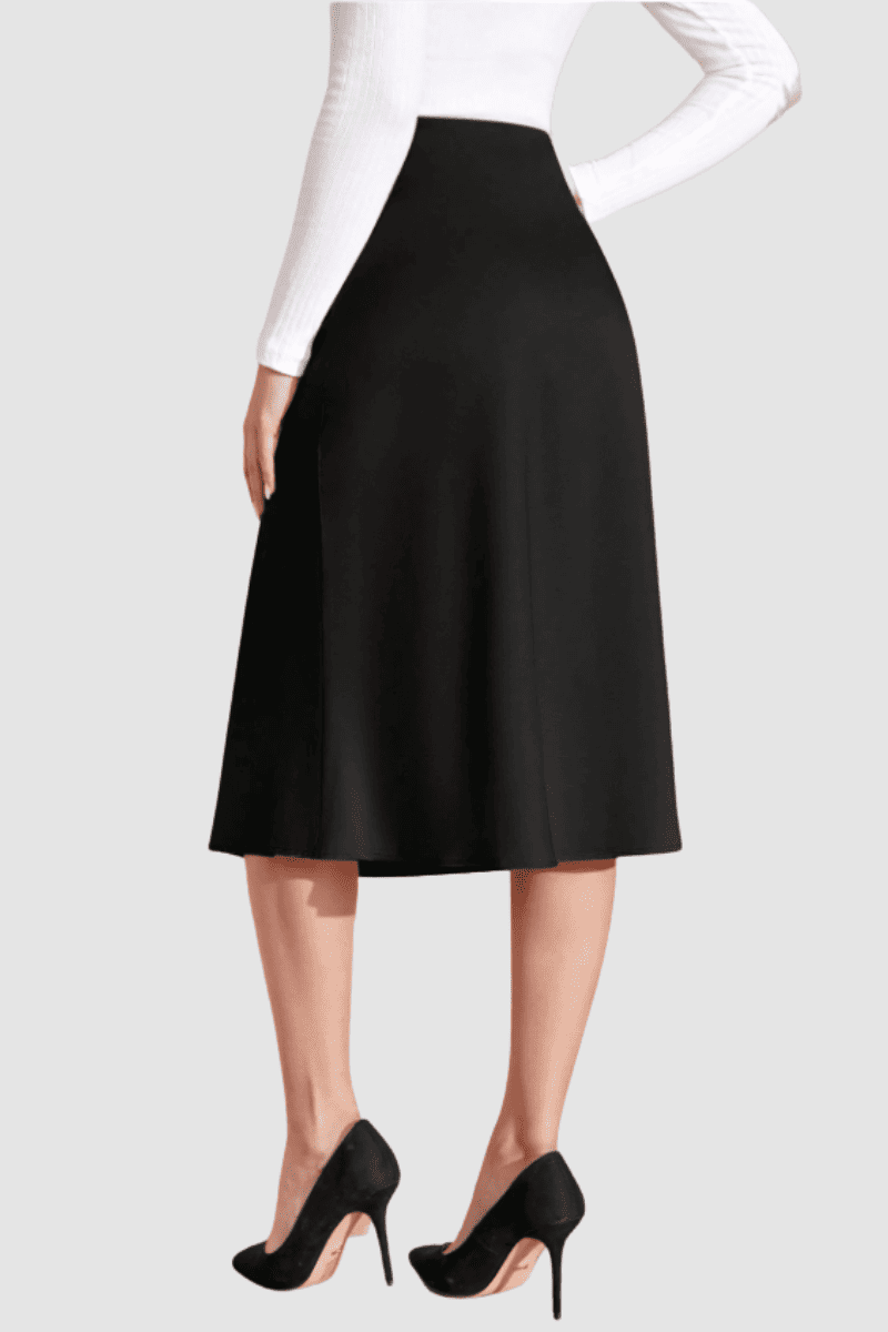 Falda midi mujer, falda clásica, corte evasé, cierre cremallera trasera, estilo elegante, cómoda, versátil, color negro, disponible talla 36, perfecta oficina eventos diario ✅Entrega 24/48h