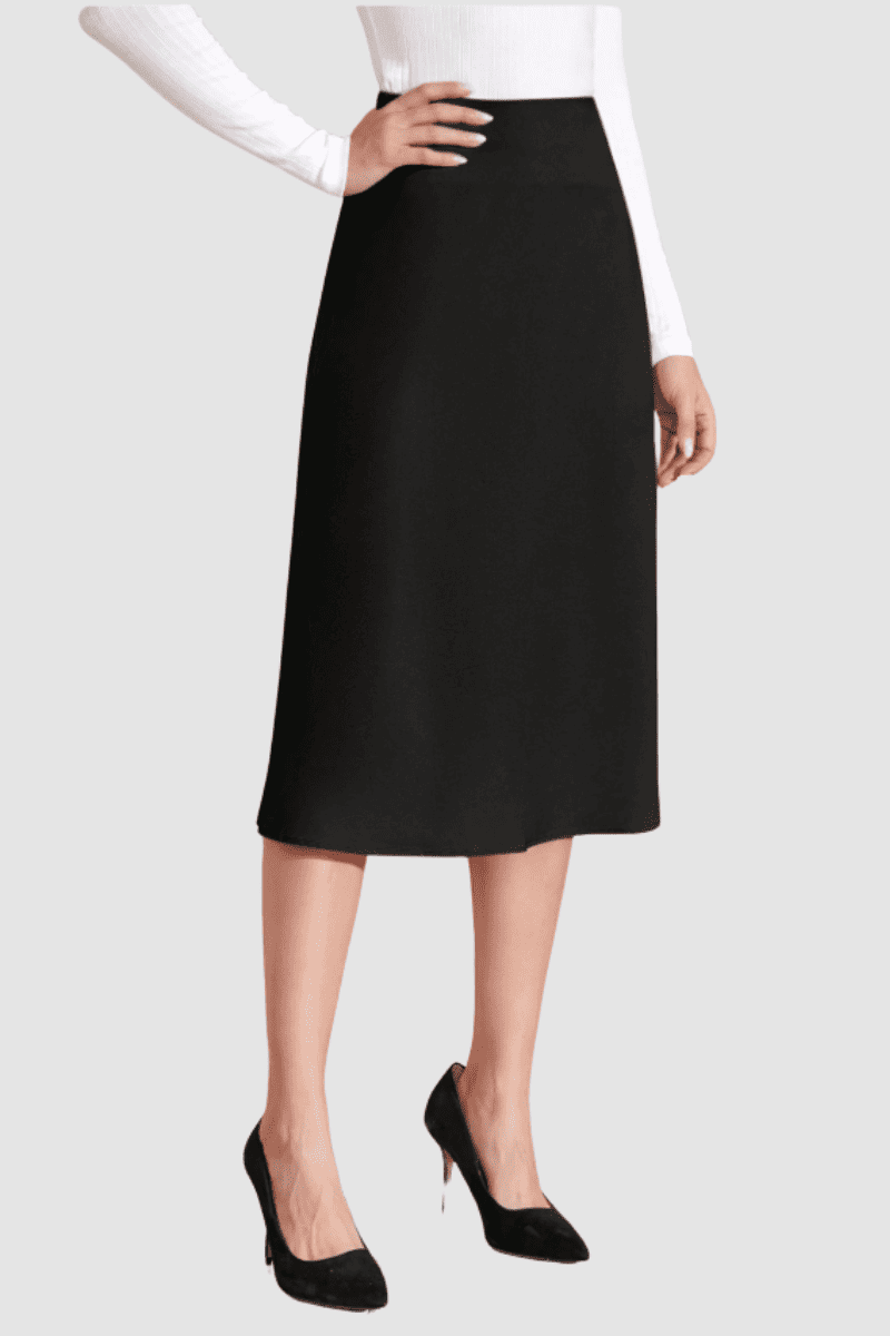 Falda midi mujer, falda clásica, corte evasé, cierre cremallera trasera, estilo elegante, cómoda, versátil, color negro, disponible talla 36, perfecta oficina eventos diario ✅Entrega 24/48h