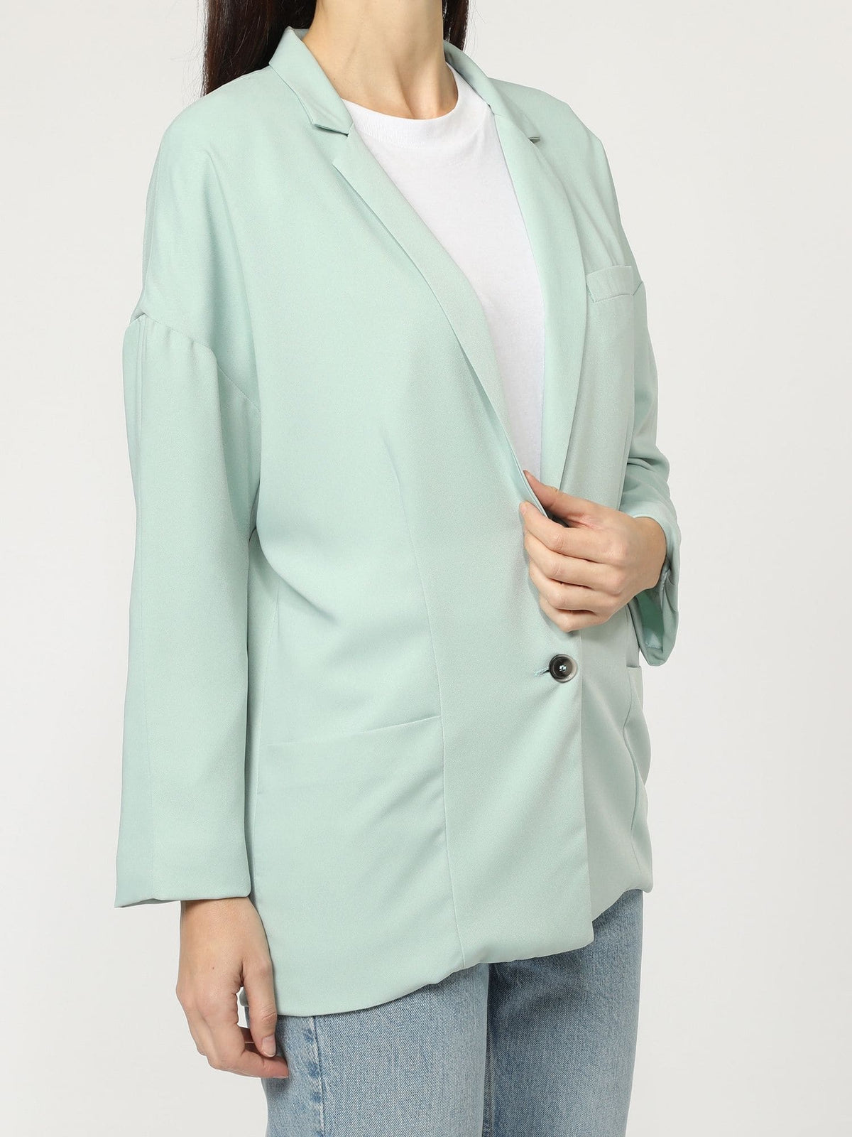 Americana mujer chaqueta blazer desestructurada corte recto poliéster solapa larga elegante casual ligera cómoda bolsillos delanteros botón Verde menta talla L ✅Entrega 24/48h