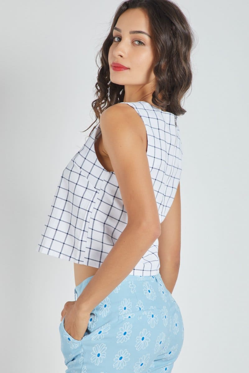 Top mujer sin mangas blanco cuadros recto lino fresco estilo urbano casual crop cómodo versátil talla L modelo minimalista ideal jeans faldas blusas outfit diario ✅Entrega 24/48h