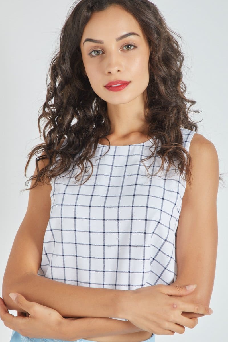 Top mujer sin mangas blanco cuadros recto lino fresco estilo urbano casual crop cómodo versátil talla L modelo minimalista ideal jeans faldas blusas outfit diario ✅Entrega 24/48h