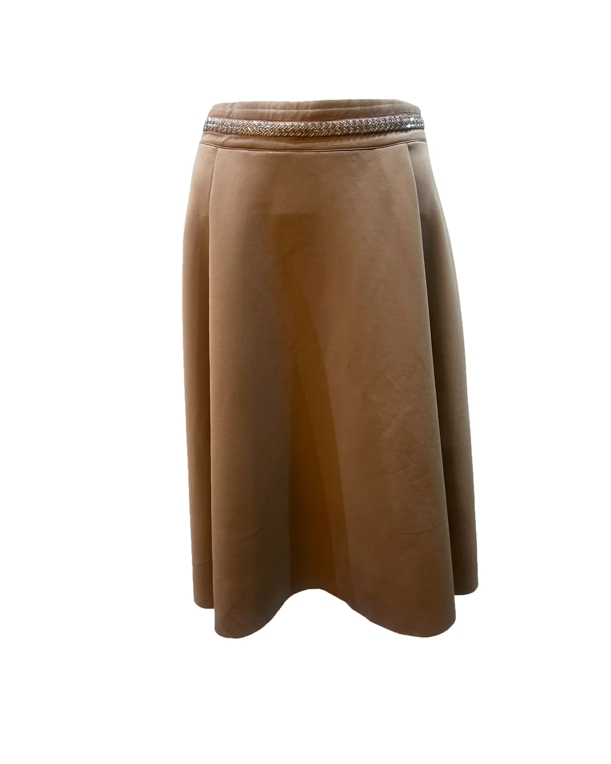 Falda mujer midi acampanada, skirt elegante, diseño cinturilla pedrería, cierre cremallera trasera, cómoda, ideal eventos, tono camel, talla S disponible, tendencia moda 2024, ✅Entrega 24/48h