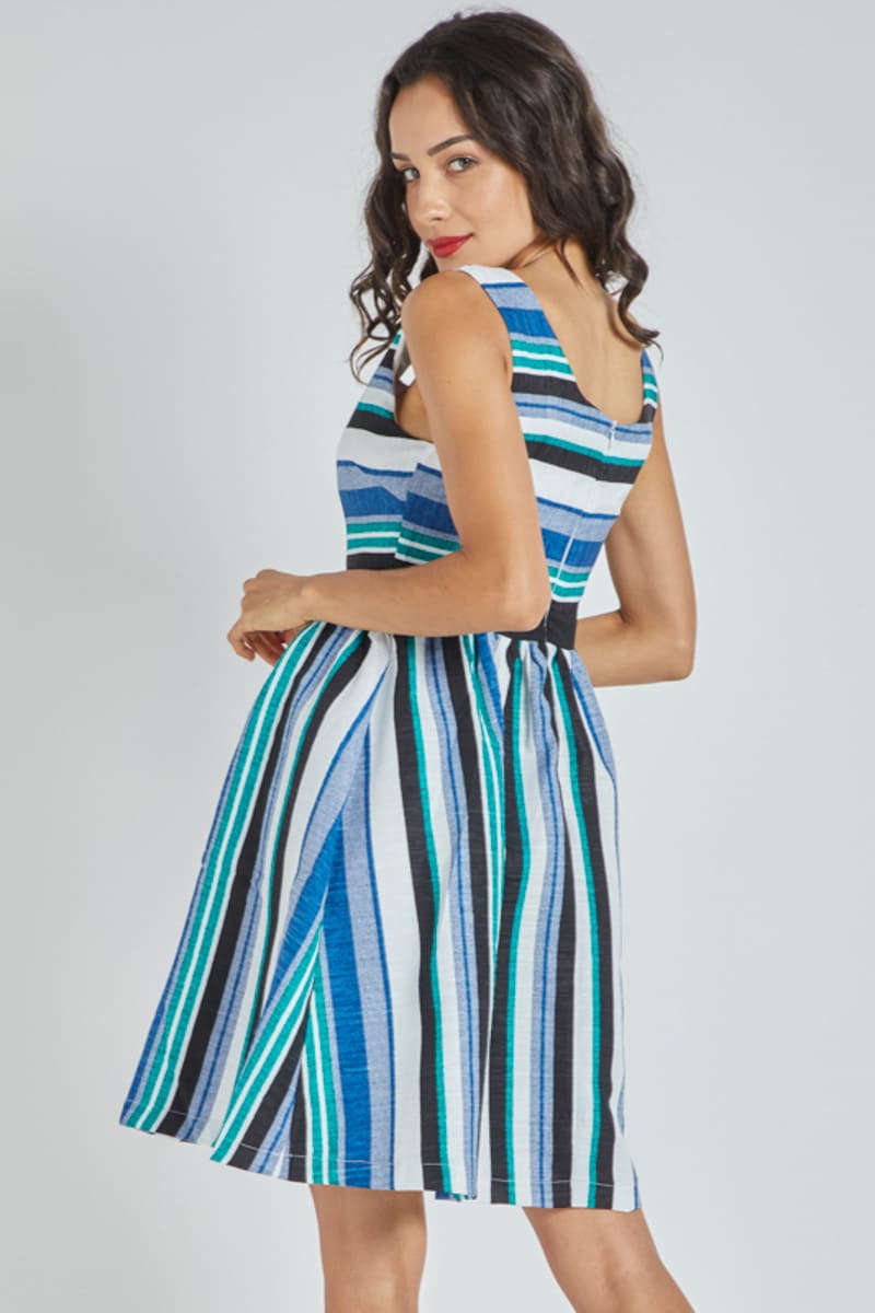 Vestido mujer sin mangas dress casual rayas multicolor azul negro blanco corto tejido ligero verano talla L cómodo versátil look urbano playa vacaciones ✅Entrega 24/48h