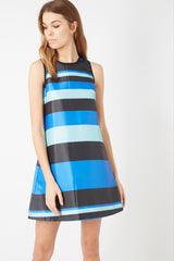 Vestido mujer recto sin mangas, dress satinado moderno, diseño rayas azul negro turquesa, escote redondo, 2 bolsillos laterales, outfit cómodo versátil, talla L, ideal looks casual frescos elegantes ✅Entrega 24/48h