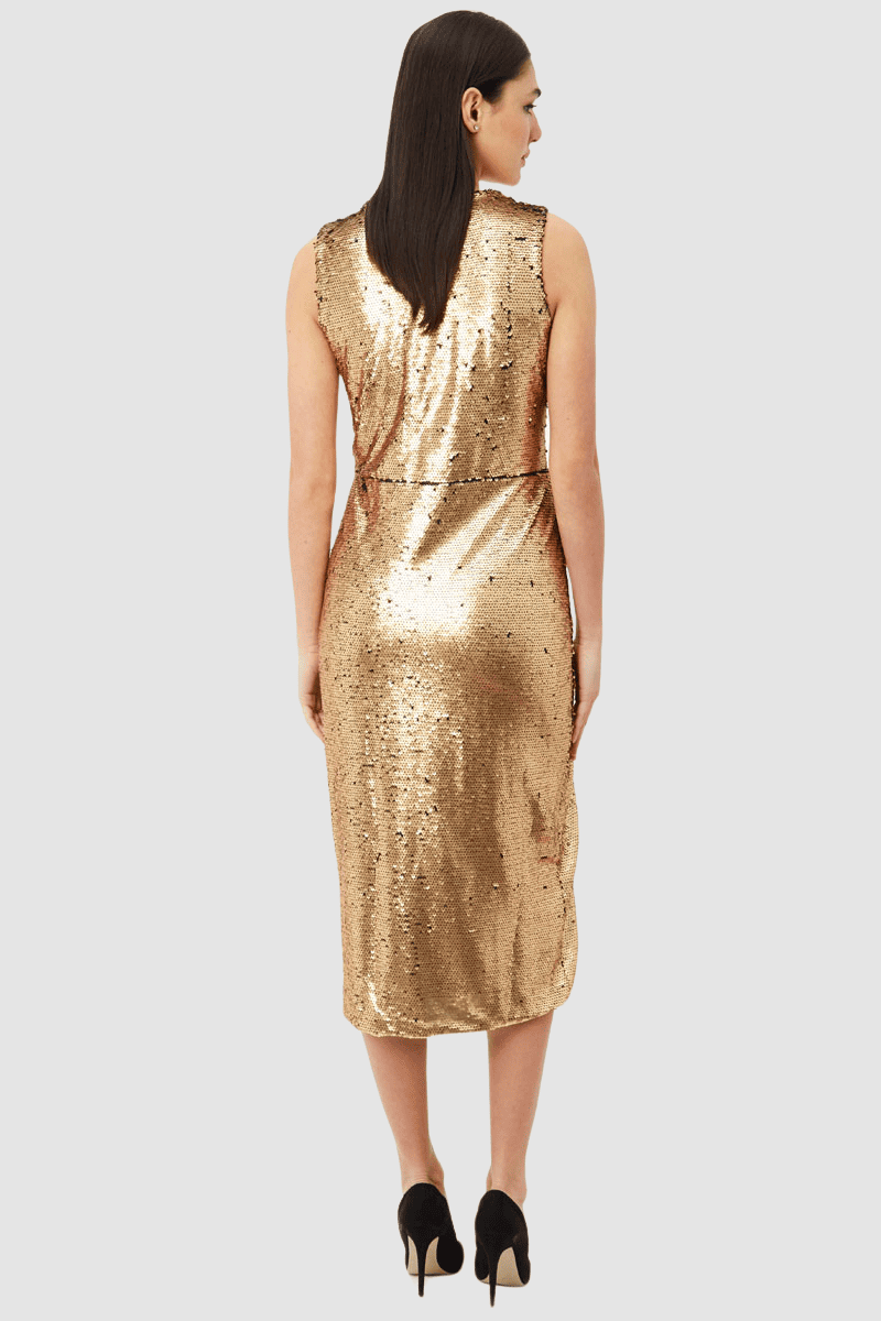 Vestido fiesta mujer, dress elegante lentejuelas dorado, diseño escote V, abertura lateral, talla 36, corte midi, fiesta evento noche, brilla, estiliza silueta, cómodo, versátil, ideal ocasiones especiales ✅Entrega 24/48h