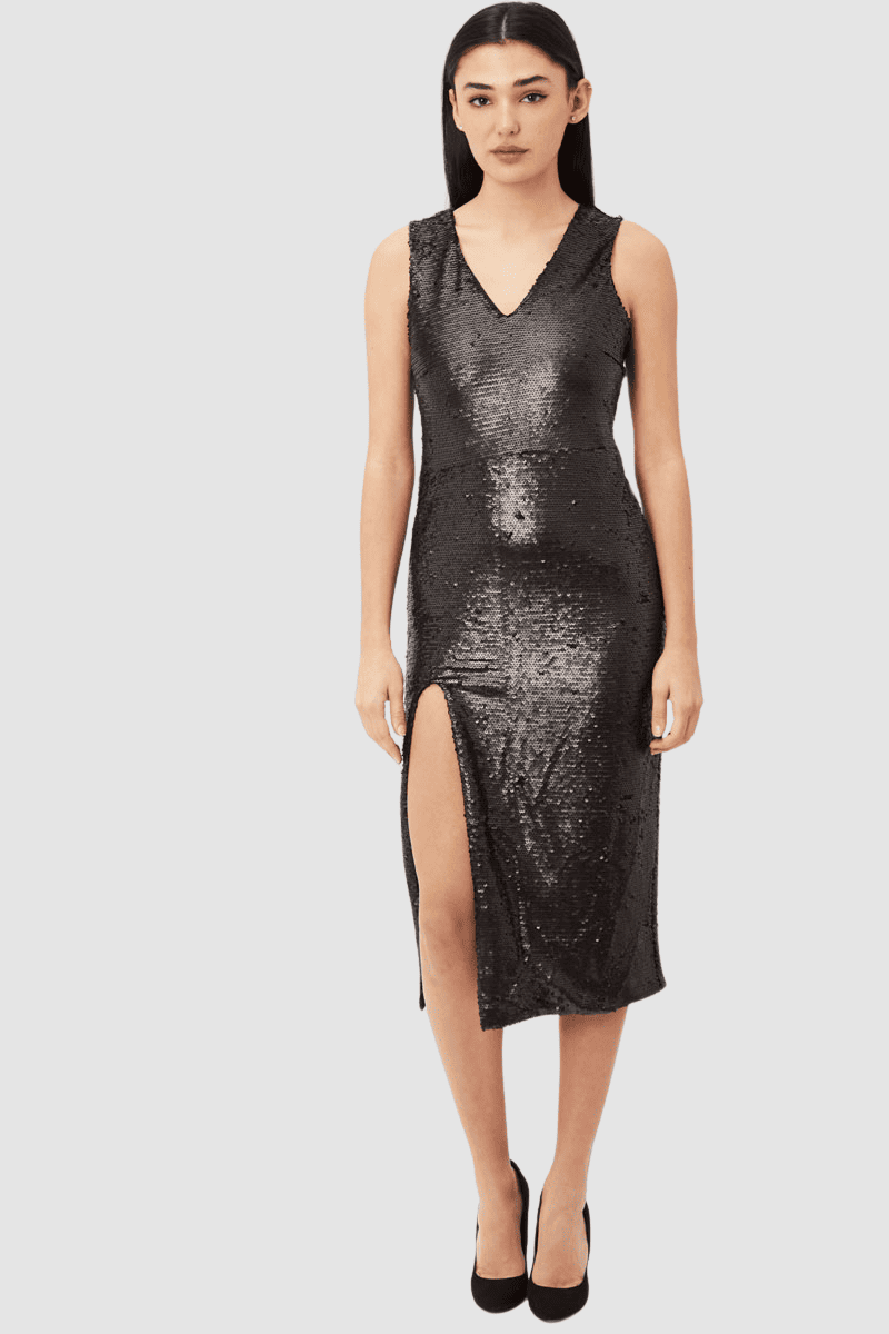 Vestido noche, dress elegante, diseño midi, lentejuelas brillantes, escote V, abertura lateral, corte ajustado, estilo fiesta, color negro, talla 36, look sofisticado, perfecto eventos especiales, cómodo y moderno ✅Entrega 24/48h