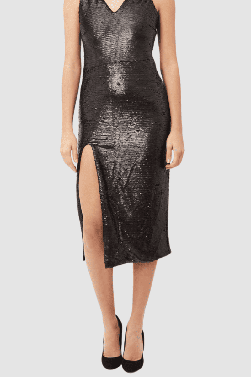 Vestido noche, dress elegante, diseño midi, lentejuelas brillantes, escote V, abertura lateral, corte ajustado, estilo fiesta, color negro, talla 36, look sofisticado, perfecto eventos especiales, cómodo y moderno ✅Entrega 24/48h