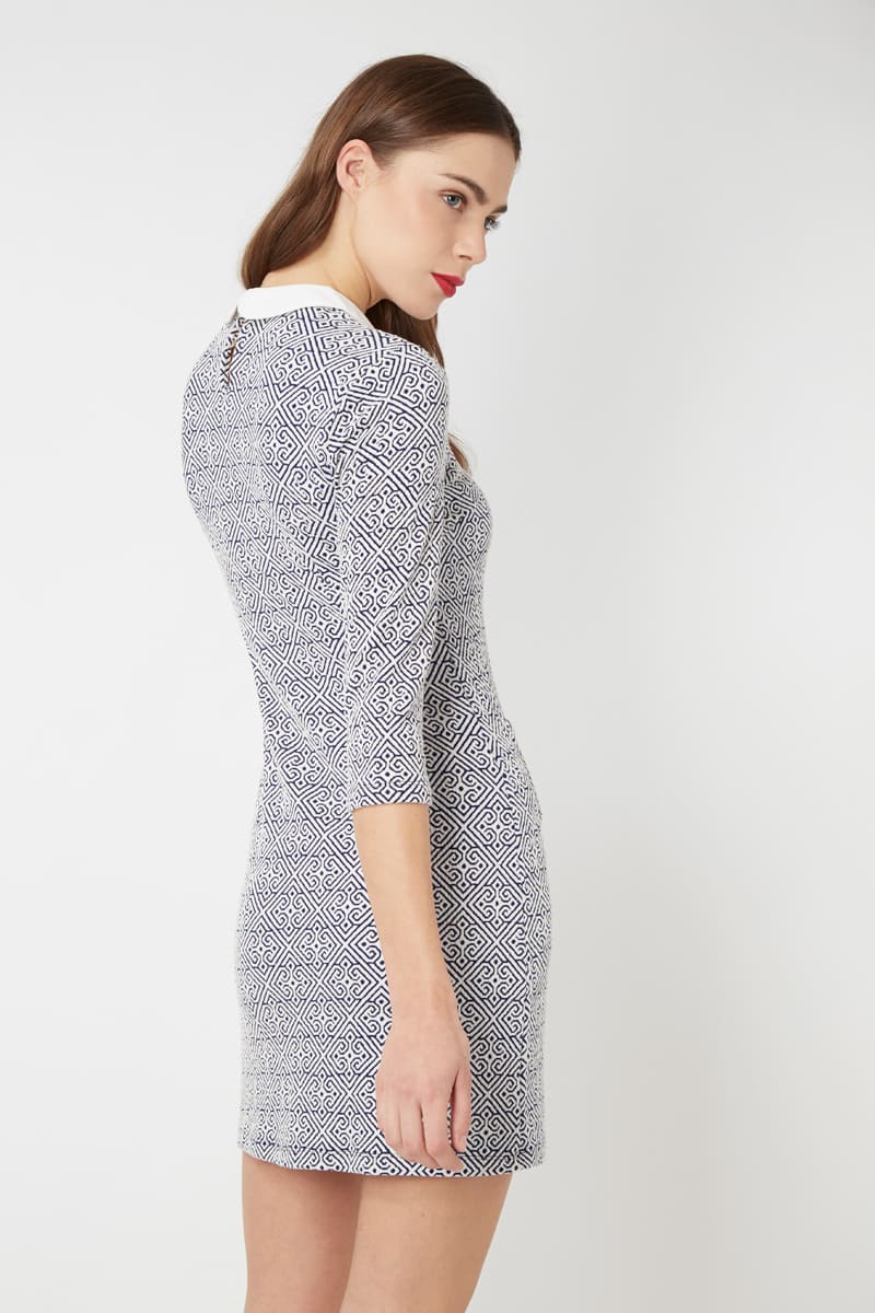 Vestido recto mujer, dress entallado, outfit estampado geométrico, manga tres cuartos, cuello contraste, estilo elegante y cómodo, azul marino talla L. Ideal oficina, eventos, urbano. ✅Entrega 24/48h