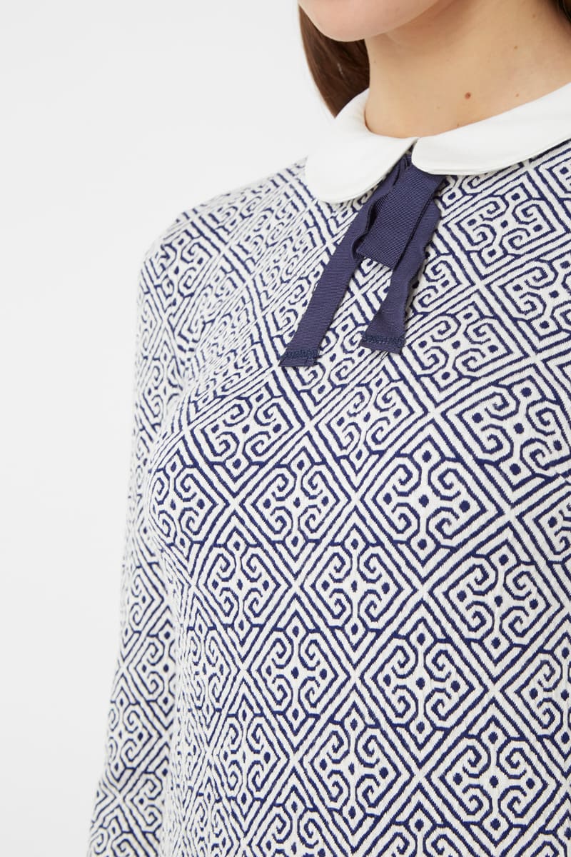 Vestido recto mujer, dress entallado, outfit estampado geométrico, manga tres cuartos, cuello contraste, estilo elegante y cómodo, azul marino talla L. Ideal oficina, eventos, urbano. ✅Entrega 24/48h