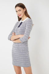 Vestido recto mujer, dress entallado, outfit estampado geométrico, manga tres cuartos, cuello contraste, estilo elegante y cómodo, azul marino talla L. Ideal oficina, eventos, urbano. ✅Entrega 24/48h