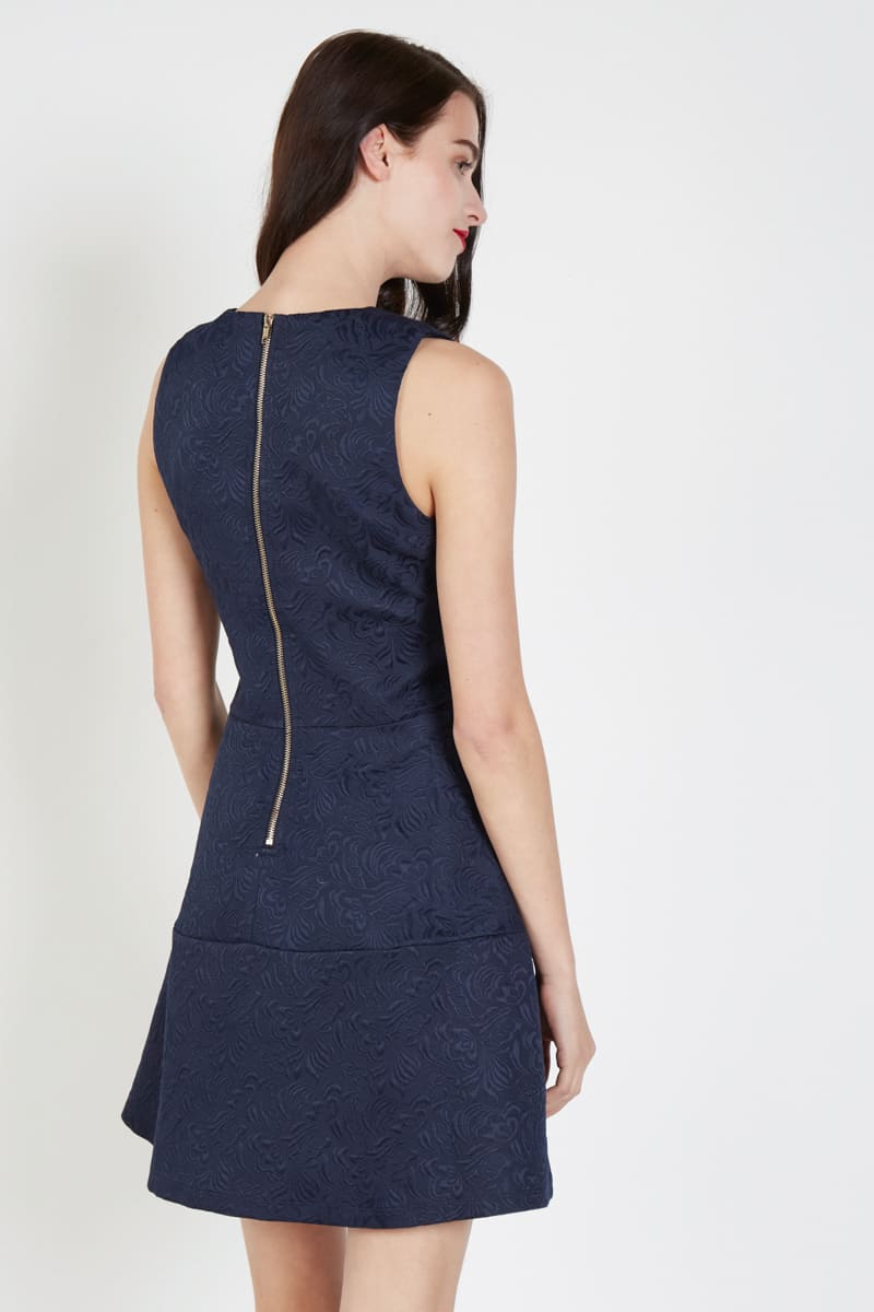 Vestido mujer azul marino textura tirantes cuello redondo diseño evasé bordado pájaro floral cremallera cómodo elegante outfit talla L vestido casual look versátil outfit moda femenina ✅Entrega 24/48h