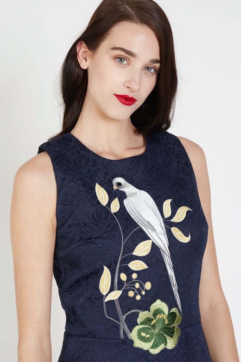 Vestido mujer azul marino textura tirantes cuello redondo diseño evasé bordado pájaro floral cremallera cómodo elegante outfit talla L vestido casual look versátil outfit moda femenina ✅Entrega 24/48h