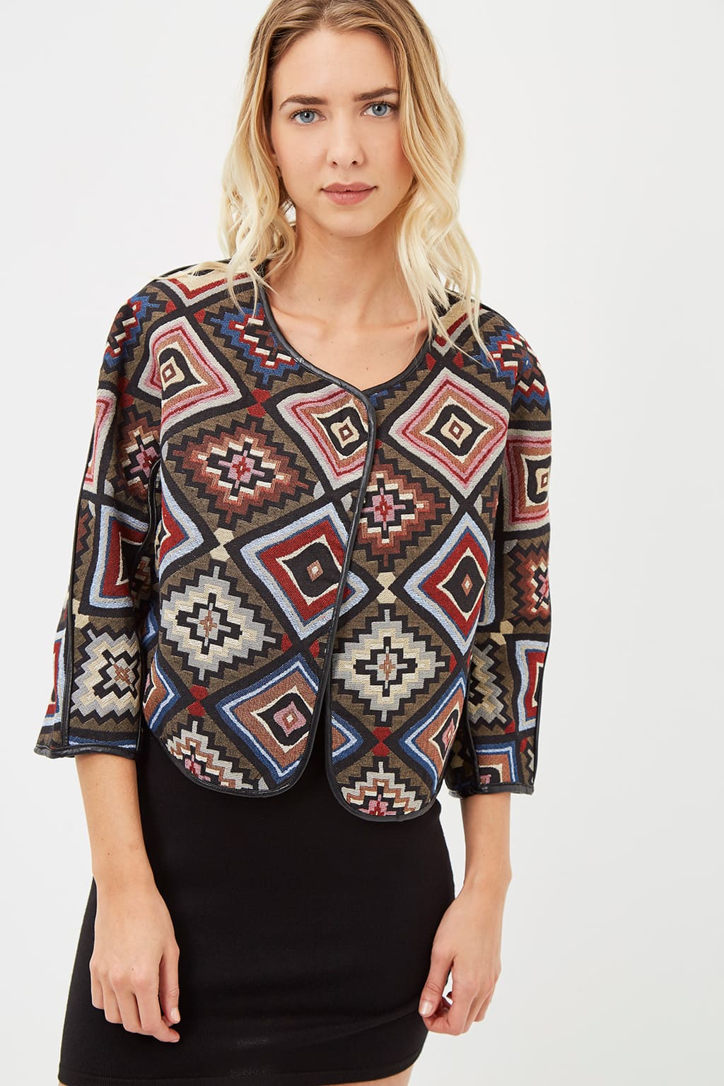 Chaqueta corta mujer textura estampada fantasía abrigo blazer diseño geométrico ribete efecto piel manga 3/4 cuello redondo elegante casual color multicolor talla L ✅Entrega 24/48h