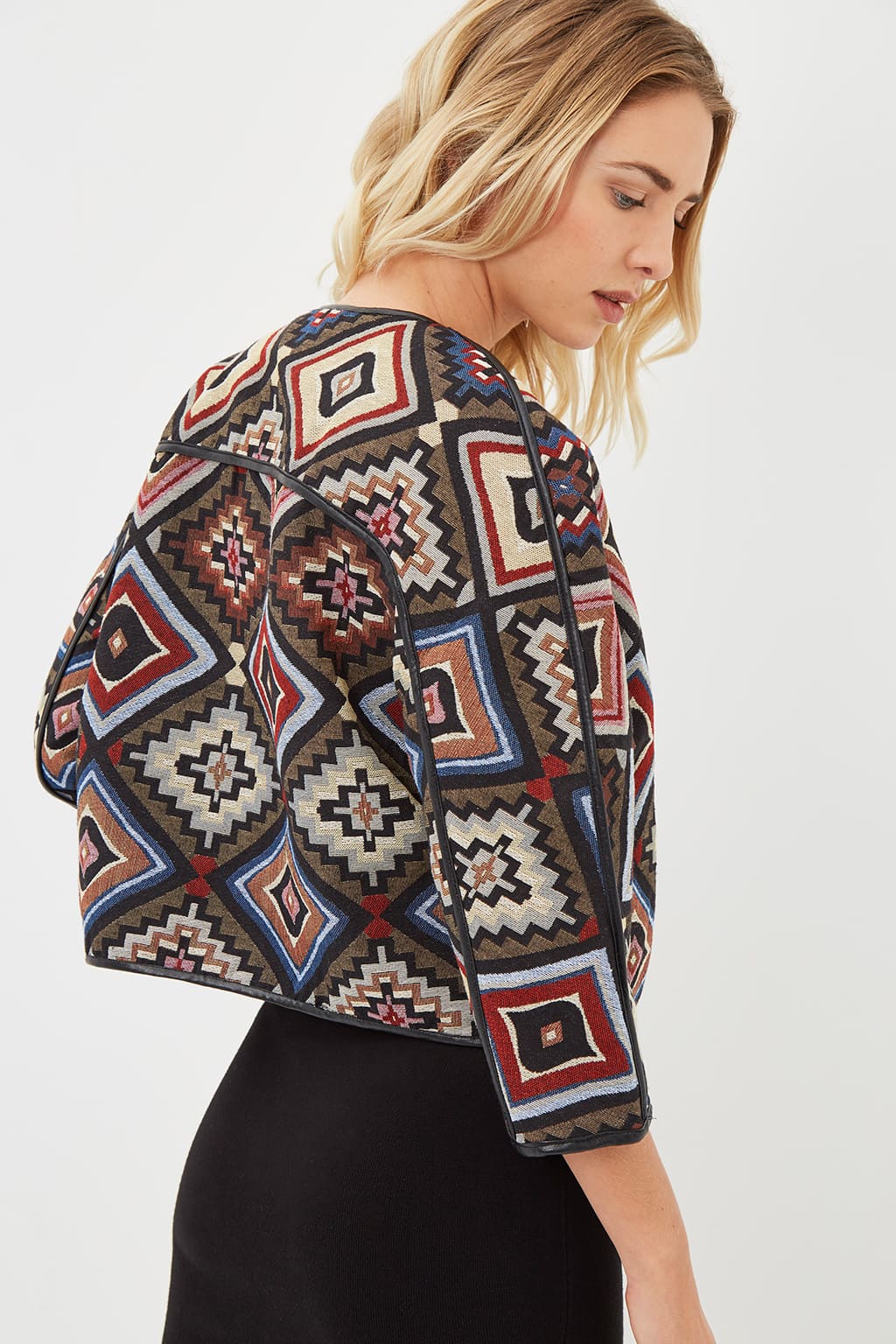 Chaqueta corta mujer textura estampada fantasía abrigo blazer diseño geométrico ribete efecto piel manga 3/4 cuello redondo elegante casual color multicolor talla L ✅Entrega 24/48h