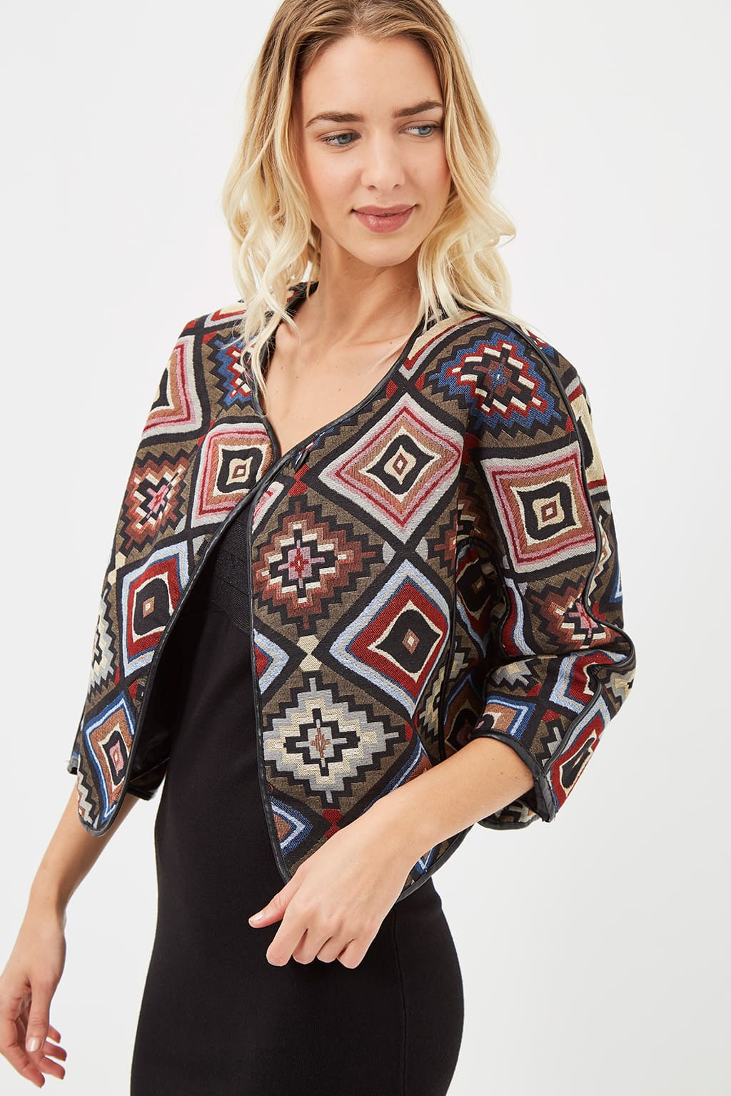Chaqueta corta mujer textura estampada fantasía abrigo blazer diseño geométrico ribete efecto piel manga 3/4 cuello redondo elegante casual color multicolor talla L ✅Entrega 24/48h