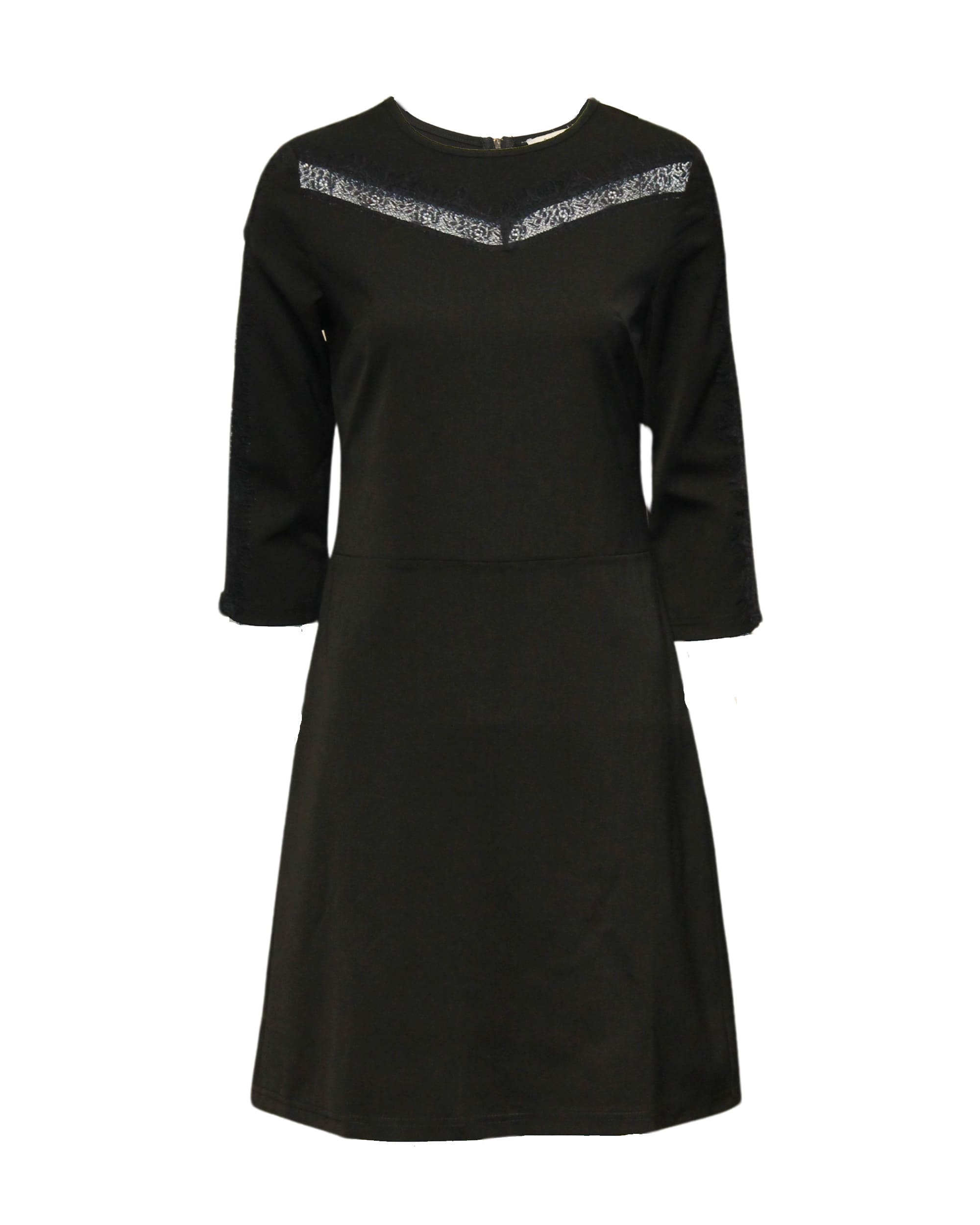 Vestido mujer elegante, dress falda acampanada, encaje en mangas y escote, manga francesa, corte entallado, cremallera trasera, poliéster, talla 36, negro, cómodo y sofisticado ✅Entrega 24/48h