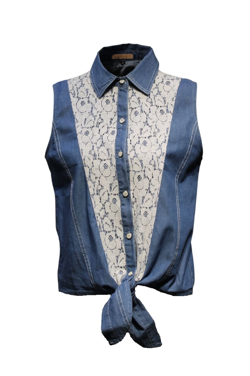 Camisa vaquera mujer, blusa denim sin mangas, botonadura frontal, encaje floral, nudo inferior, corte regular, look fresco casual, color azul, talla S, algodón cómodo, ideal verano ✅Entrega 24/48h
