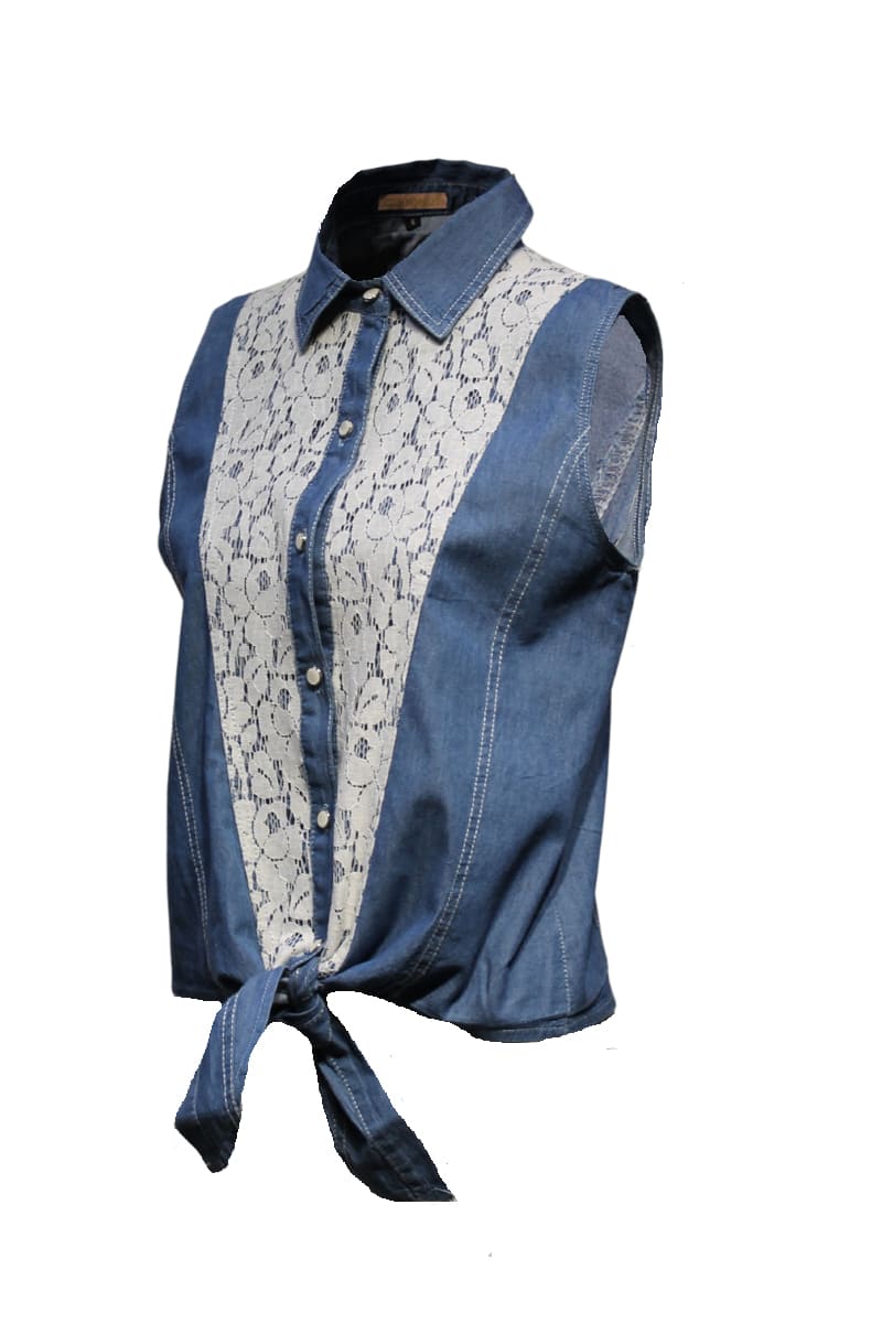 Camisa vaquera mujer, blusa denim sin mangas, botonadura frontal, encaje floral, nudo inferior, corte regular, look fresco casual, color azul, talla S, algodón cómodo, ideal verano ✅Entrega 24/48h